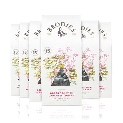 Brodies - Green Tea With Japanese Cherry - 100% Natural Eco-Friendly and Sustainably Sourced - 6 Boxes Of 15 Tea Bags - Total Of 90 Plastic Free Pyramid Teabags