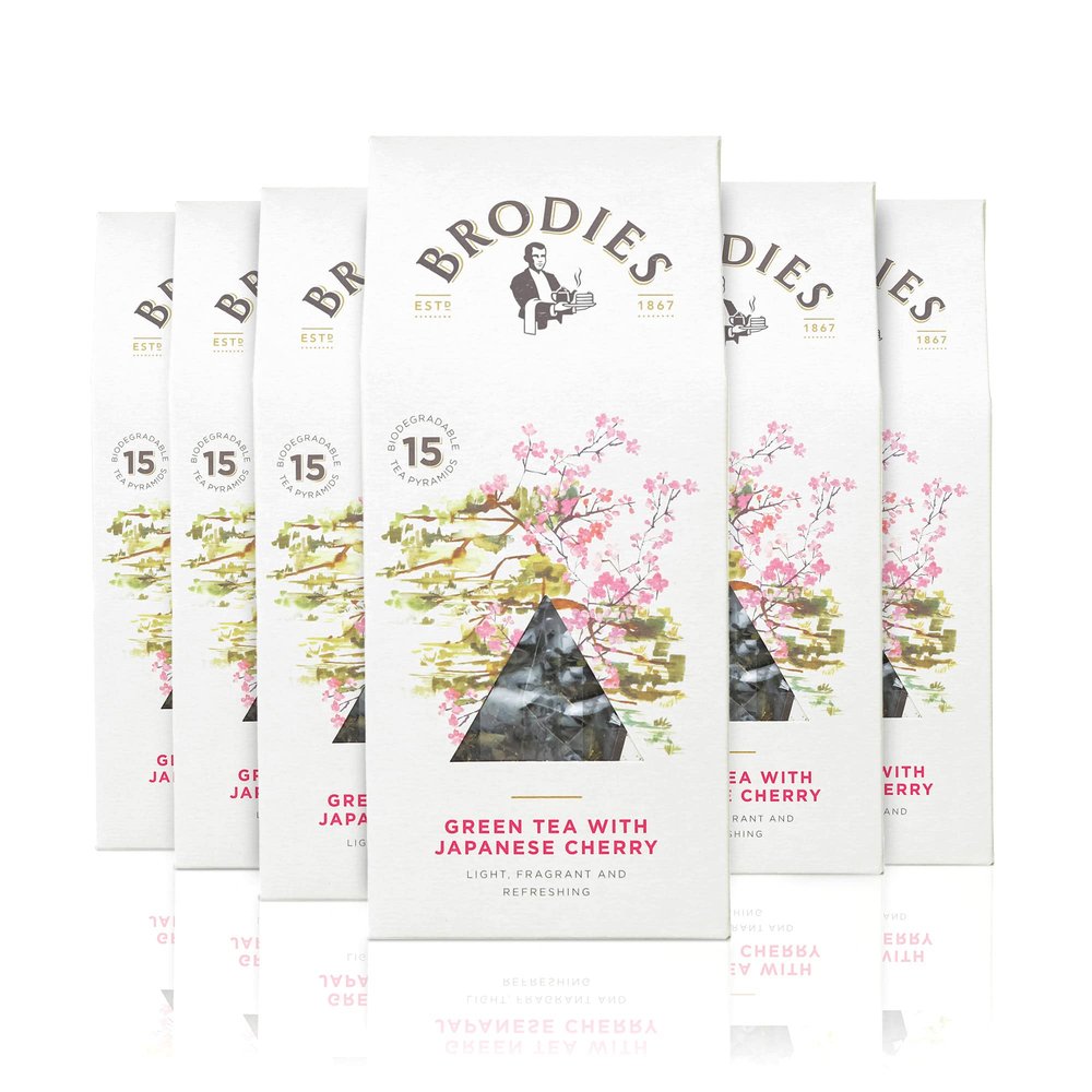 Brodies - Green Tea With Japanese Cherry - 100% Natural Eco-Friendly and Sustainably Sourced - 6 Boxes Of 15 Tea Bags - Total Of 90 Plastic Free Pyramid Teabags