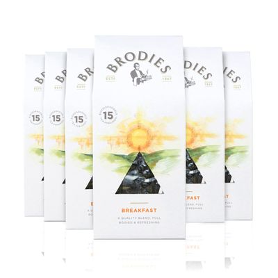 Brodies - Breakfast Tea in Biodegradable Pyramid Bags - 100% Natural Eco-Friendly and Sustainably Sourced - 6 Boxes Of 15 Tea Bags - Total Of 90 Plastic Free Pyramid Teabags