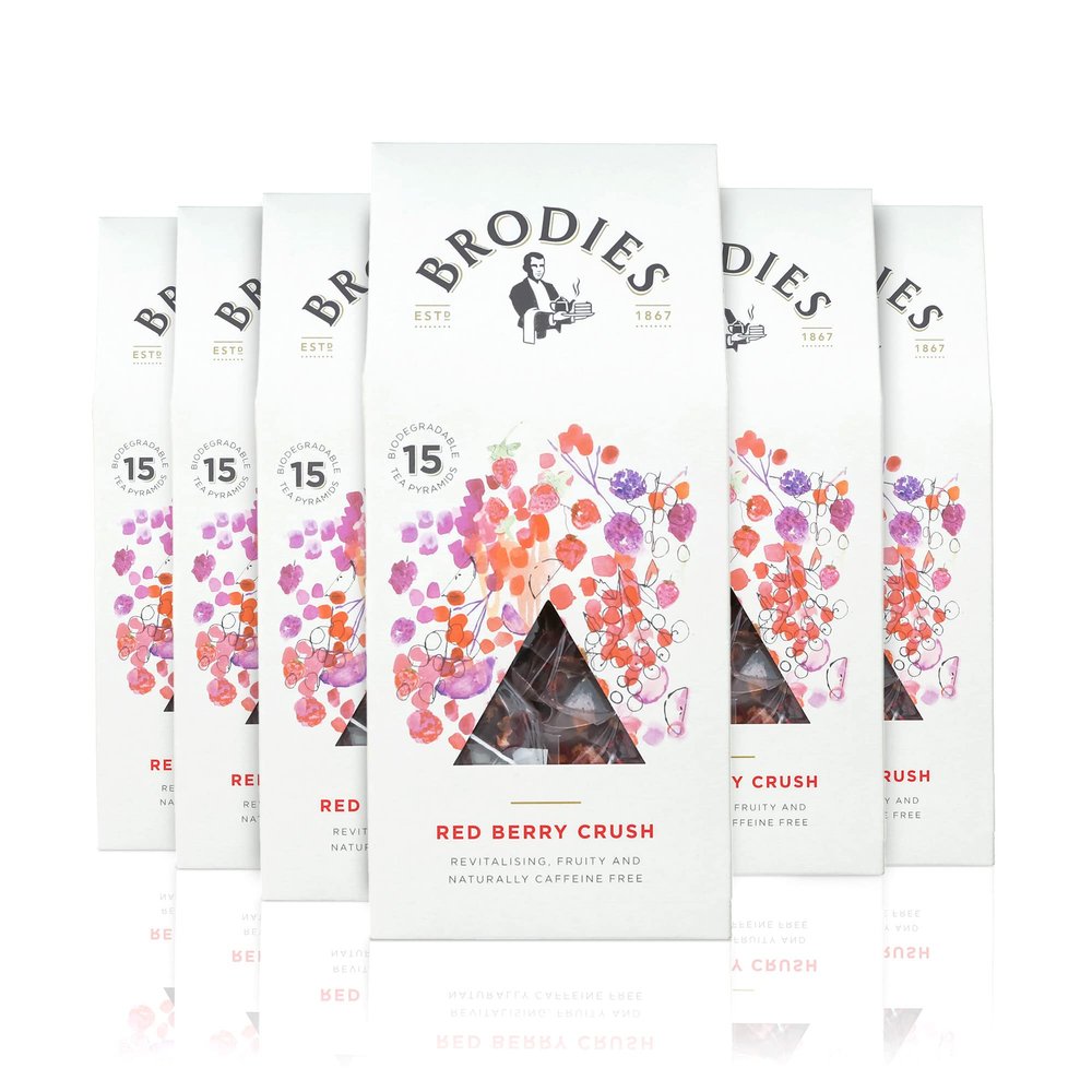 Brodies - Red Berry Crush in Biodegradable Pyramid Bags - 100% Natural Eco-Friendly and Sustainably Sourced - 6 Boxes Of 15 Pyramid Bags - Total Of 90 Plastic Free Pyramid Teabags