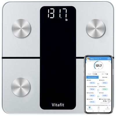 Vitafit Smart Bathroom Scales for Body Weight, High Accuracy Assured by Weighing Scales Professional Factory SINCE 2001, App Sync 13 Body Composition including BMI, Body Fat and Muscle, 28st, Silver