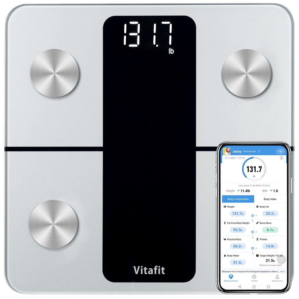 Vitafit Smart Bathroom Scales for Body Weight, High Accuracy Assured by Weighing Scales Professional Factory SINCE 2001, App Sync 13 Body Composition including BMI, Body Fat and Muscle, 28st, Silver