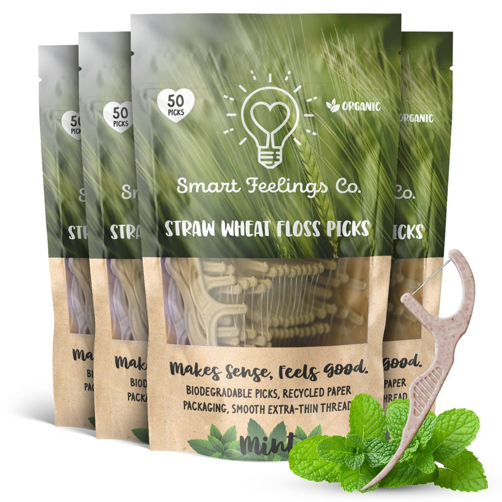 Biodegradable Straw Wheat Dental Floss Picks (200 Count) | Eco-Friendly Sustainable Flossers for Teeth Cleaning