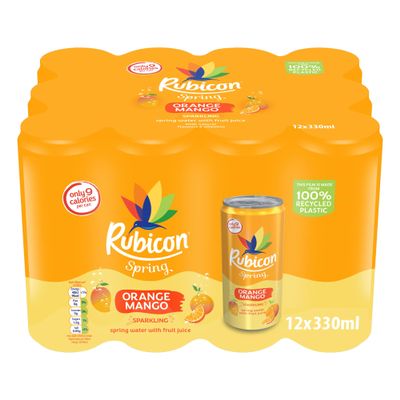 Rubicon Spring 12 Pack Orange Mango, Sparkling Spring Water with Real Fruit Juice & Natural Flavours, Only 9 Calories - 12 x 330ml Multipack Cans