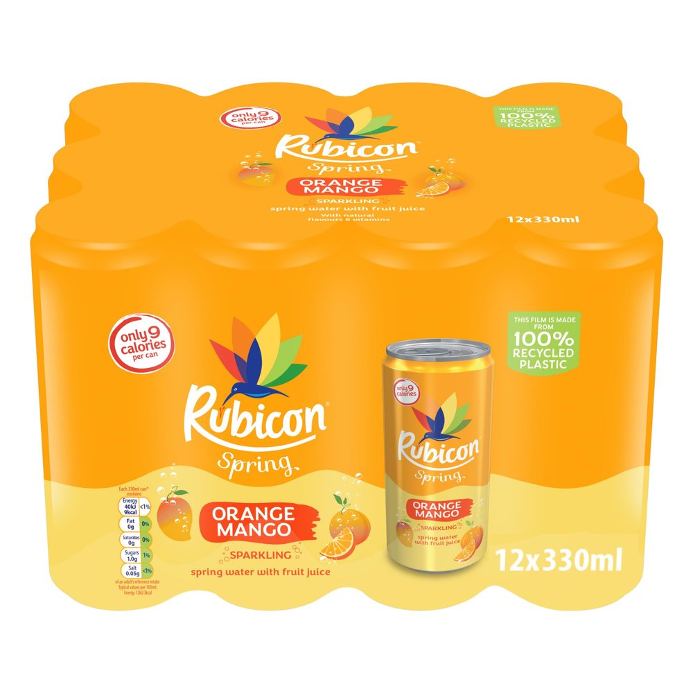 Rubicon Spring 12 Pack Orange Mango, Sparkling Spring Water with Real Fruit Juice & Natural Flavours, Only 9 Calories - 12 x 330ml Multipack Cans