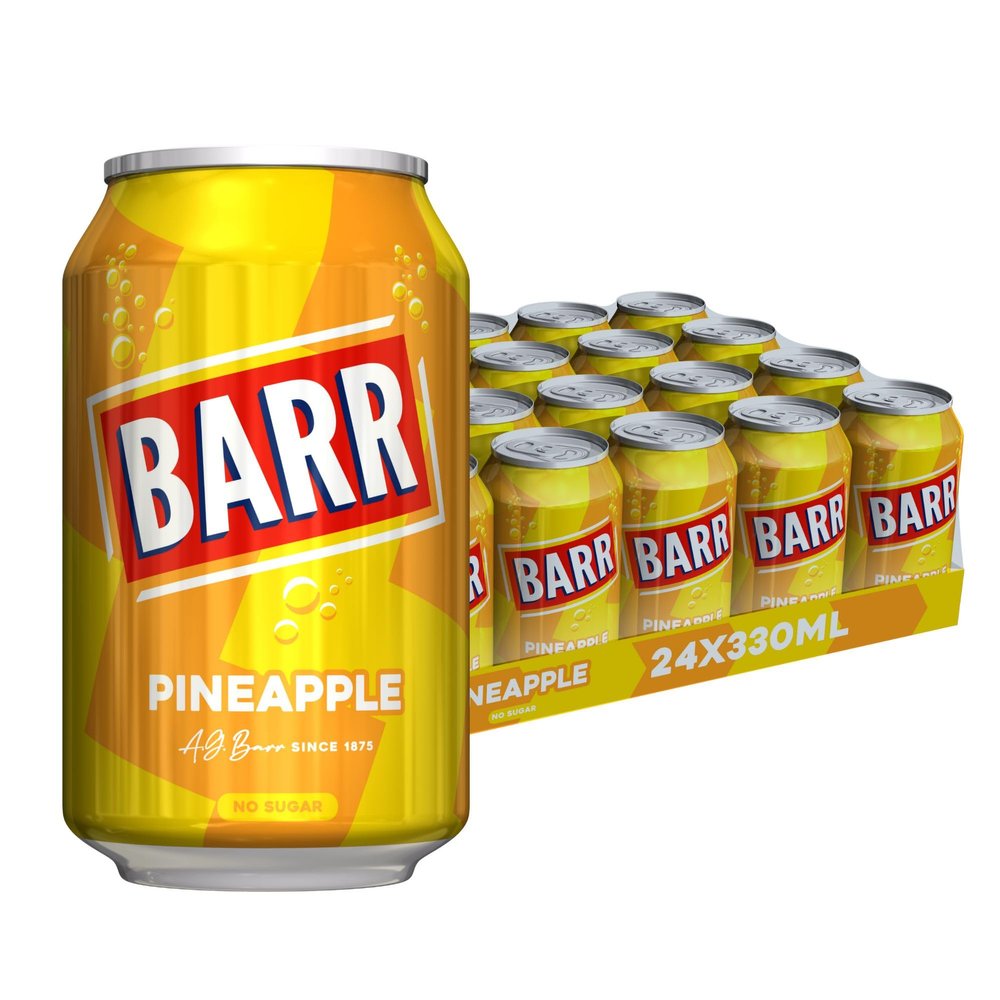 BARR 24 Pack Sparkling Pineapple Soda, Zero No Sugar Pineapple Flavoured Fizzy Drink, Sparkling Fizzy Pop, 24 x 330ml Cans