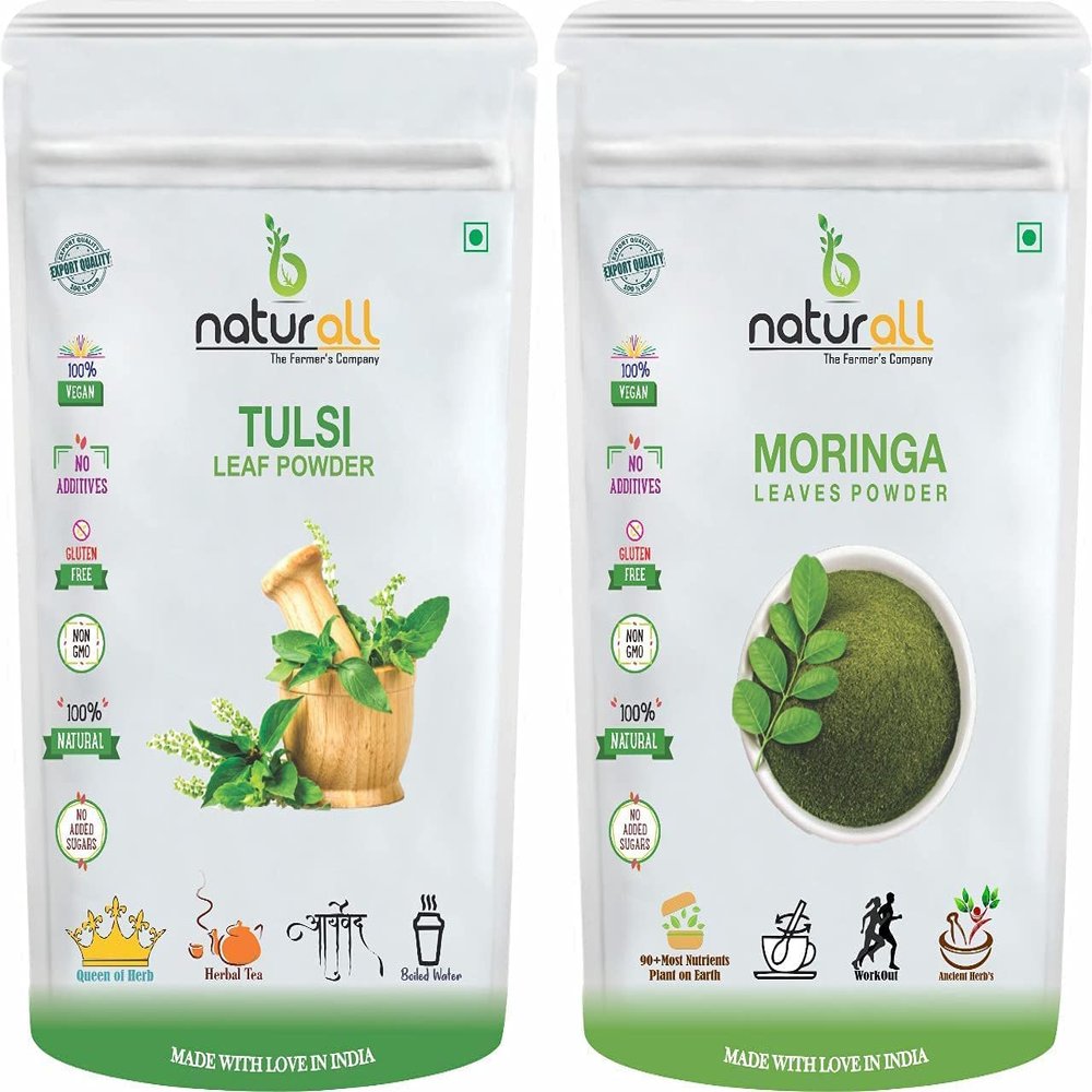 CROW Pack of 2 Tulsi Powder, Moringa Powder (500 GM Each) Combo Pack = 1 KG by B Naturall