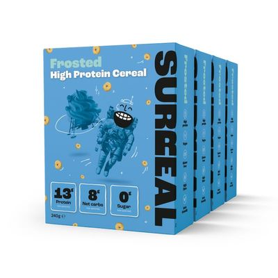Surreal Frosted High Protein Cereal - Zero Sugar- Healthy Plant Based Cereal - High in Fibre - Low Carb - Gluten Free - Vegan - 17g of Protein, 0g of Sugar - 240g per Box - 4 Pack (4 x Frosted)