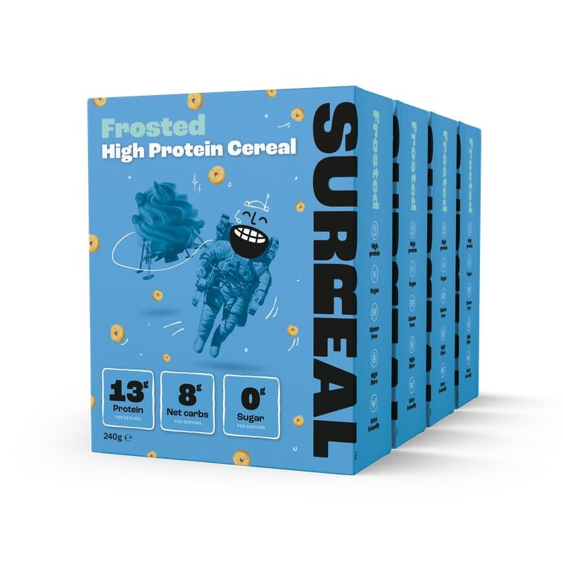 Surreal Frosted High Protein Cereal - Zero Sugar- Healthy Plant Based Cereal - High in Fibre - Low Carb - Gluten Free - Vegan - 17g of Protein, 0g of Sugar - 240g per Box - 4 Pack (4 x Frosted)