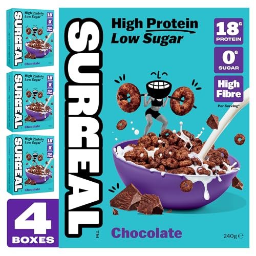 Surreal Chocolate - High Protein Cereal - Zero Sugar- Healthy Plant Based Cereal - High in Fibre - Low Carb - Gluten Free - Vegan - 18g of Protein, 0g of Sugar - 240g per Box - 4 Pack (4 x Chocolate)