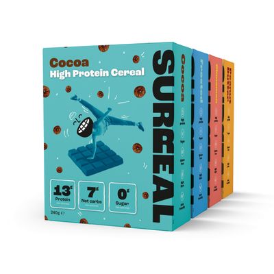 Surreal Variety Pack - High Protein Cereal Zero Sugar- Healthy Plant Based Cereal - High in Fibre - Low Carb Gluten Free - Vegan - 13g of Protein, 0g of Sugar - 240g per Box - 4 Pack (1 x each)
