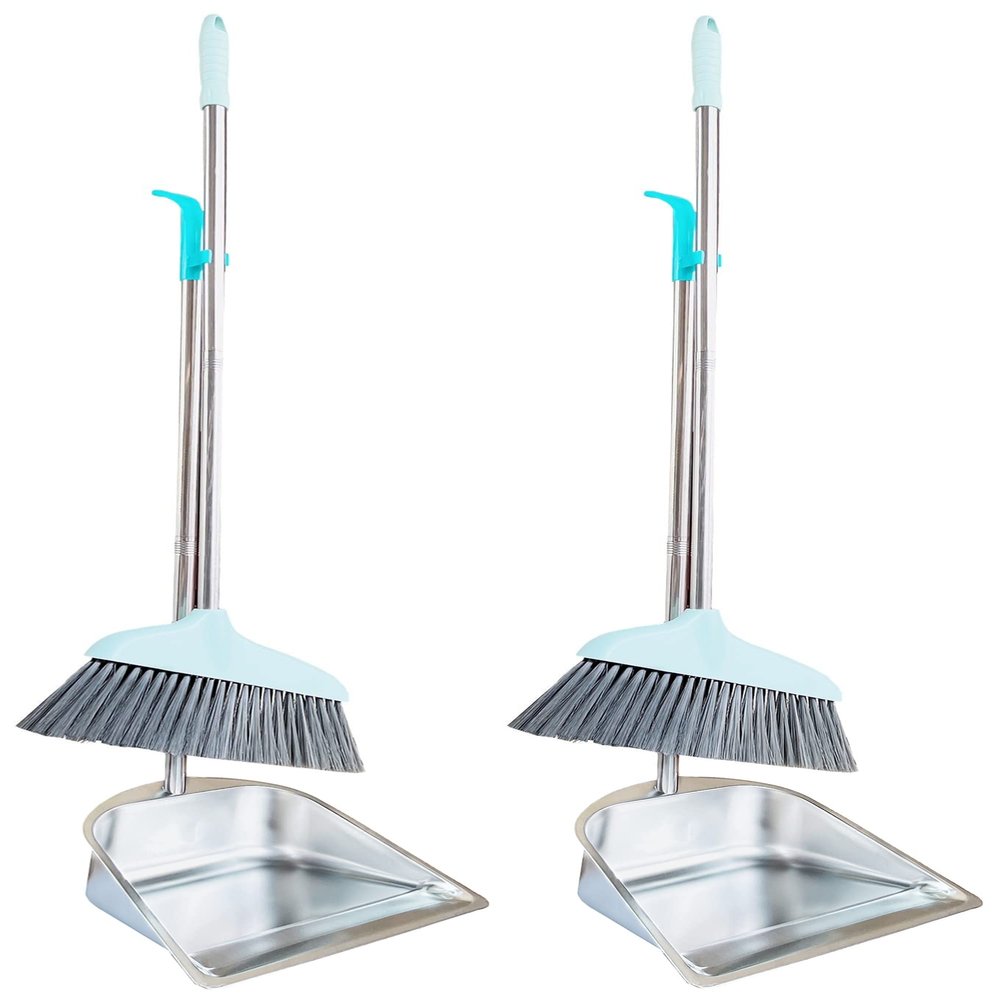 2-Pack Broom and Dustpan/Dustpan with Broom Combo, Stainless Steel Heavy Duty Dustpan 33.5" Long Handle Upright Stand Up Broom and Dustpan Set for Home Kitchen Room Office Lobby Floor Use