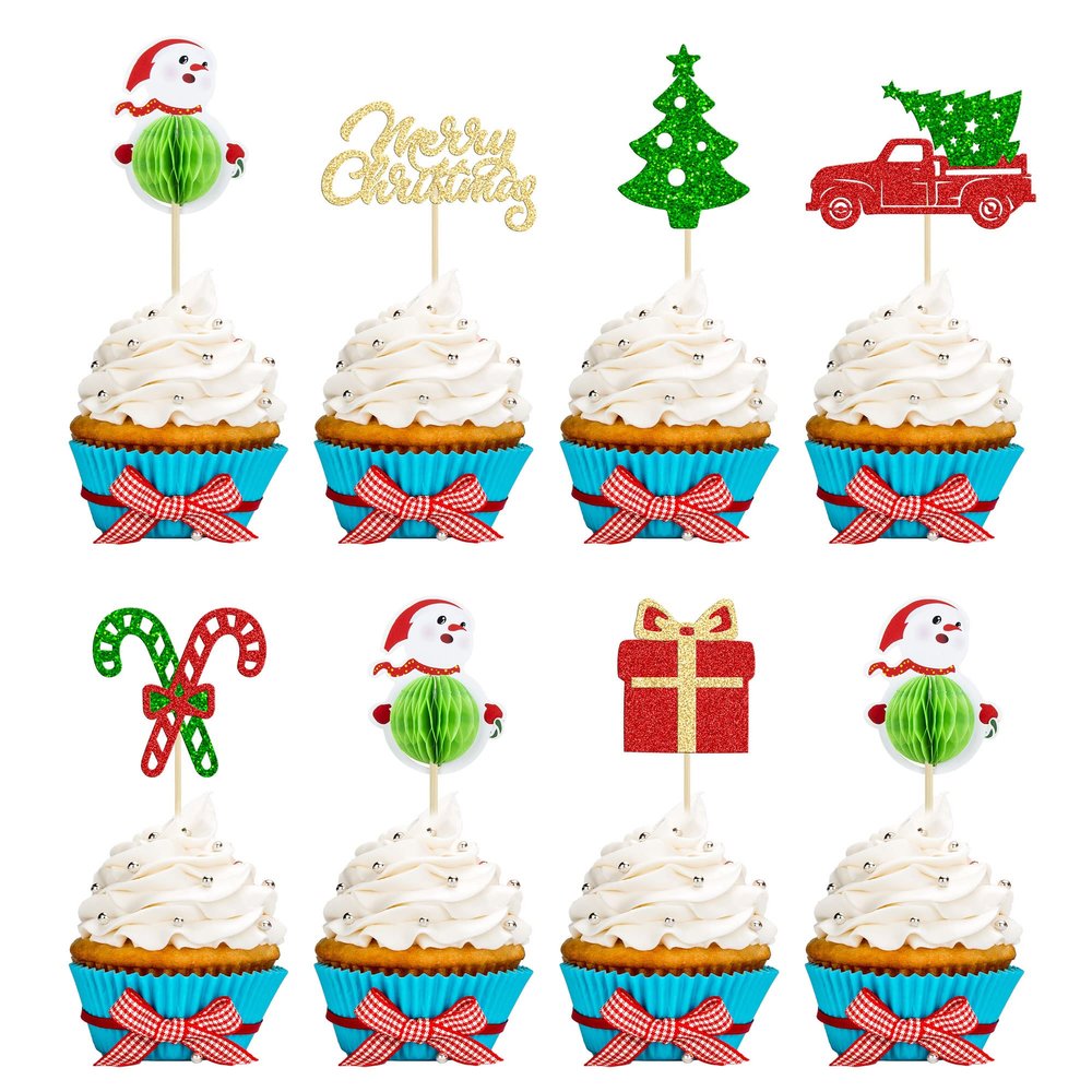 Gyufise 24 Pcs Christmas Cupcake Toppers - 3D Santa Claus, Tree, Truck & Gift Box Toppers for Merry Christmas Theme Parties