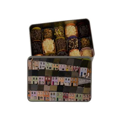 Bossa Nova Luxury Chocolate Gift Tin presentation set, 15 Assorted Artisan Chocolate Truffles in Welsh Vale houses theme printed tin, painted by artist Hanne Reid