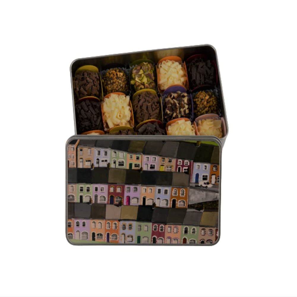 Bossa Nova Luxury Chocolate Gift Tin presentation set, 15 Assorted Artisan Chocolate Truffles in Welsh Vale houses theme printed tin, painted by artist Hanne Reid