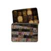 Bossa Nova Luxury Chocolate Gift Tin presentation set, 15 Assorted Artisan Chocolate Truffles in Welsh Vale houses theme printed tin, painted by artist Hanne Reid