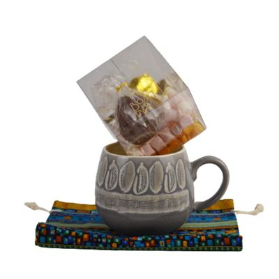 Bossa Nova Luxury Chocolate Bomb Gift Set Bundle, Hot Chocolate with Marshmallows, gift-wrapped in a textile bag with Mason Cash Impressions stoneware cosy mug