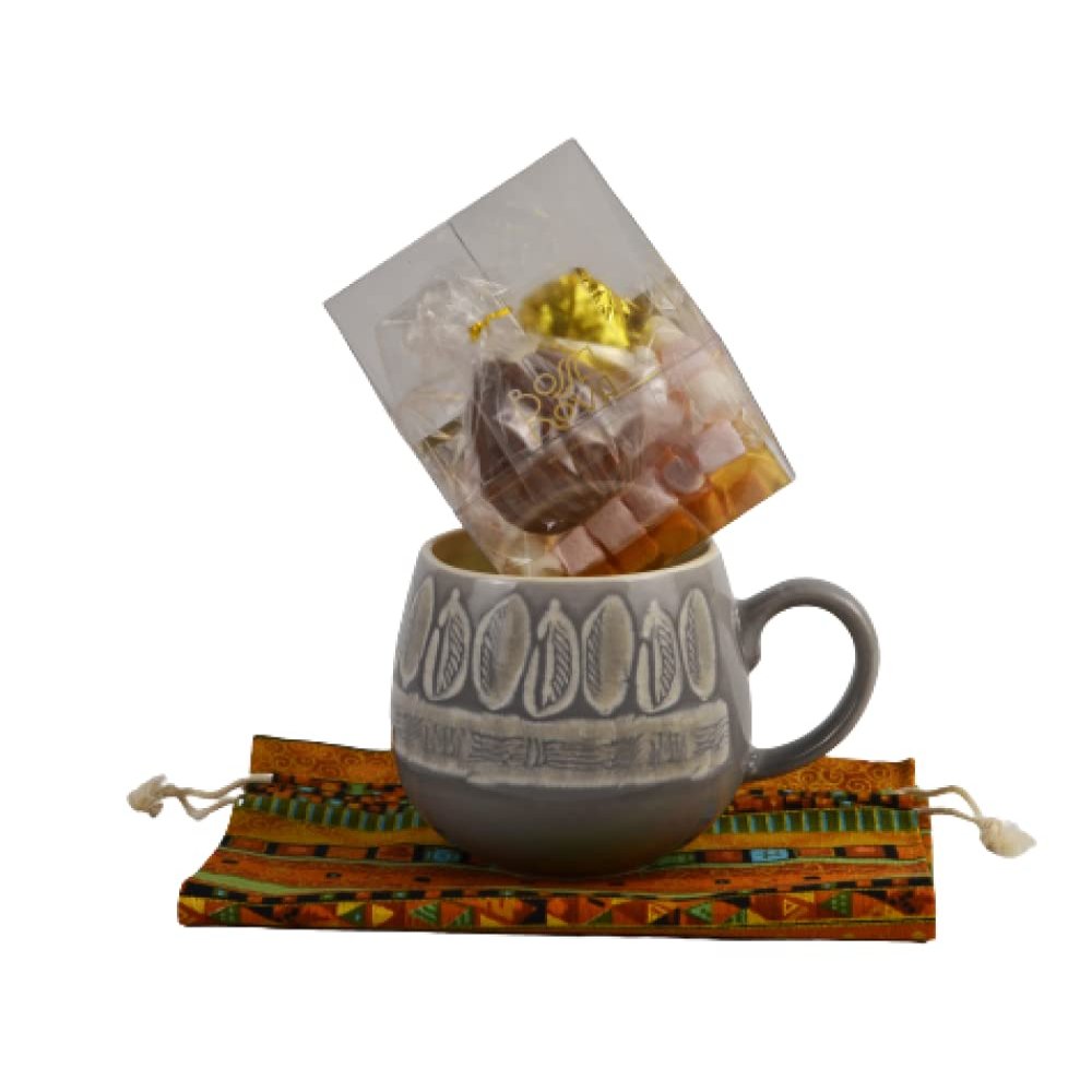 Bossa Nova Luxury Chocolate Bomb Gift Set Bundle, Hot Chocolate with Marshmallows, gift-wrapped in a textile bag with Mason Cash Impressions stoneware cosy mug