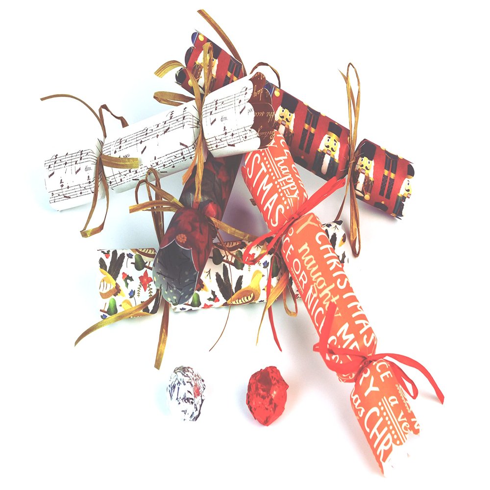 Bossa Nova Luxury Hand-made Christmas Crackers (10 pack), Assorted Festive Patterns with Artisan Chocolate Truffle, joke and paper hat