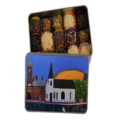 Bossa Nova Luxury Chocolate Gift Tin presentation set, 15 Classic Artisan Chocolate Truffles in Cardiff Bay church theme printed tin, painted by artist Hanne Reid