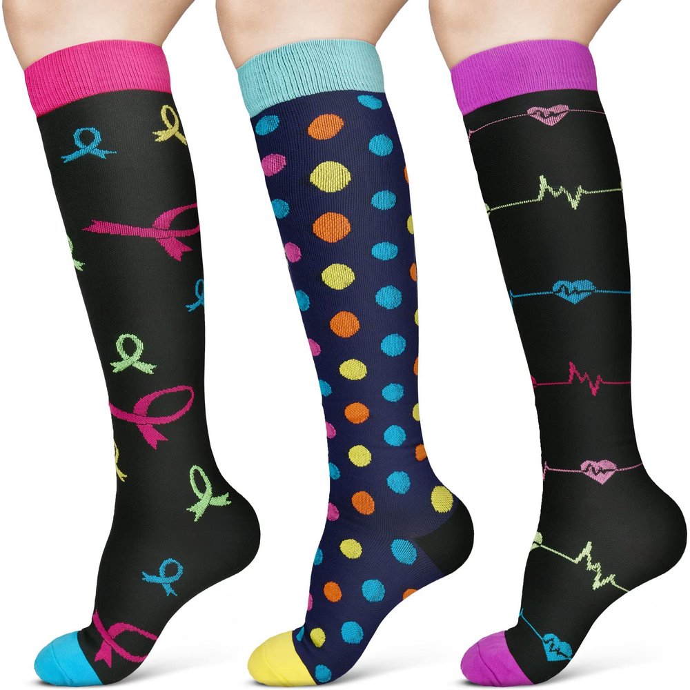 ACWOO Compression Socks for Women & Men, 3 Pairs Colorful Breathable Long Tube Compression Socks, Non-Slip Flight Socks Running Socks for Sports, Flying, Maternity Pregnancy, Nurses, Travel
