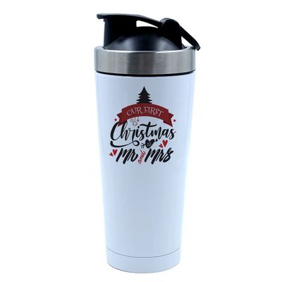 Getagift 500ml Aluminium Shaker Bottle for Supplement Shakes - Easy Clean, Durable Cup Our First Christmas as Mr and Mrs Secret Santa, Xmas Couple. (White)