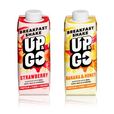 UP & GO Breakfast Drink - Strawberry & Banana, High Protein, Calcium & Fibre (330ml x 8 Bottles) & UP & GO Breakfast Drink - Banana & Honey, High Protein, Calcium & Fibre (330ml x 8 Bottles)