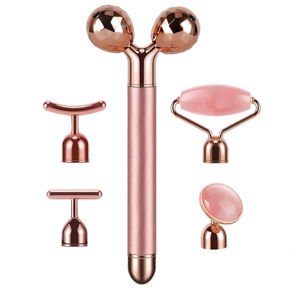Massager Gold Beauty Bar Face Massager Electric Vibrating Rose Quartz 3D Roller Face Lifting Body Facial Gua Sha Jade Roller Health and relaxation (Color : WITHOUT BOX)