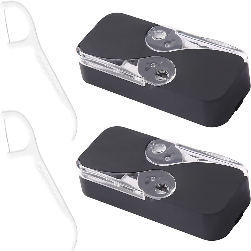 Dental Floss Portable Case 2 Pack Dental Floss Dispenser Dental Floss Picks Cases Automatic Floss Organizer Travel Floss for Women Men Teeth Cleaning, 2 Pack (Black+Black)