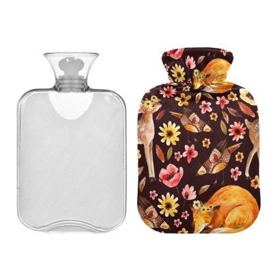 Hot Water Bottle with Cover 1L Cute Watercolor Animals on Floral Brown Hot Water Bag Hot/Cold Compress Neck and Shoulder Pain Relief