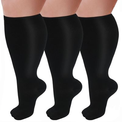 3 Pairs Plus Size Compression Socks for Women and Men Wide Calf 20-30mmhg Extra Large Knee High Support for Circulation, 01-3 Black, XXXL