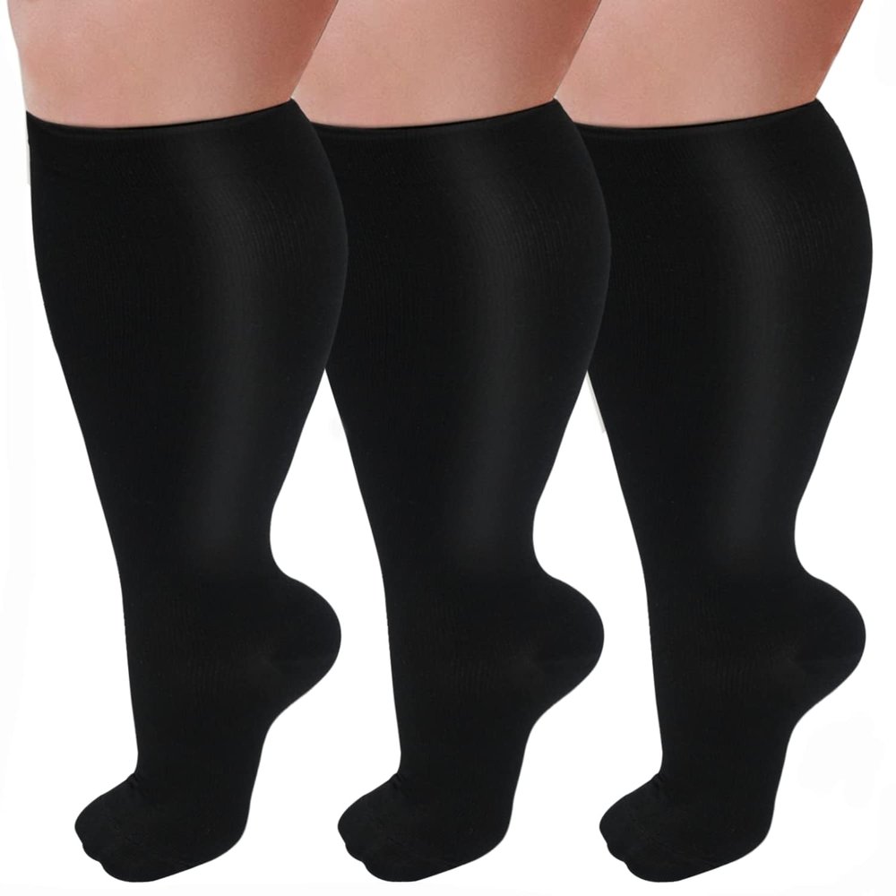3 Pairs Plus Size Compression Socks for Women and Men Wide Calf 20-30mmhg Extra Large Knee High Support for Circulation, 01-3 Black, XXXL