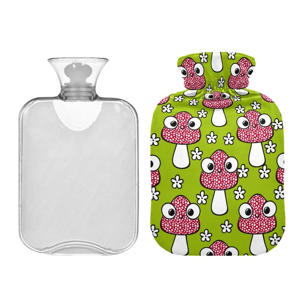Hot Water Bottles 2L Cartoon Autumn Amanita Mushrooms Sage Green Water Heating Pad Relief from Headaches Back Pain Menstrual Cramps