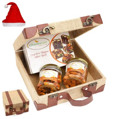 Jaiccha Ghasitaram Christmas Gifts Jute Box of Alomnds, Mix Dryfruits and Sugarfree Bites