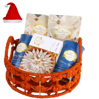 Jaiccha Ghasitaram Christmas Gifts Orange Jute Basket of assortments with Kaju Katli