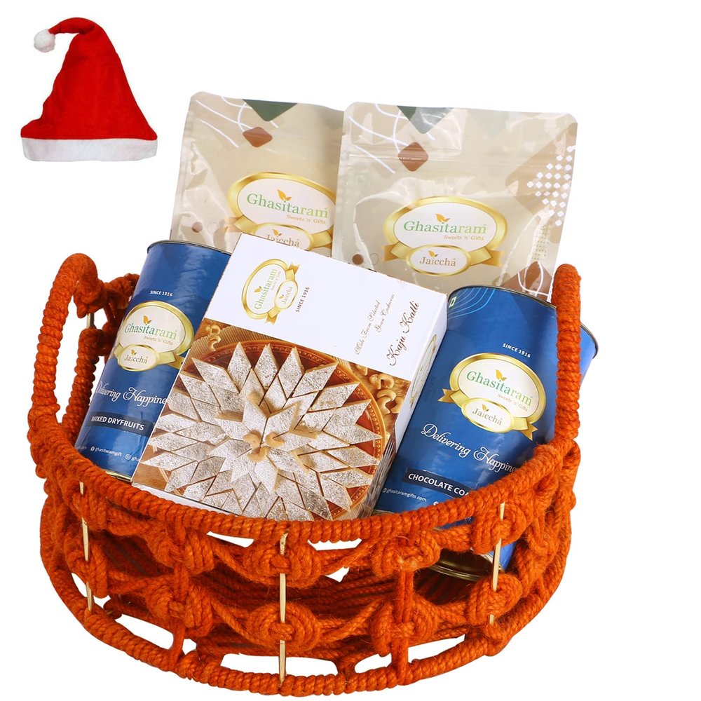 Jaiccha Ghasitaram Christmas Gifts Orange Jute Basket of assortments with Kaju Katli