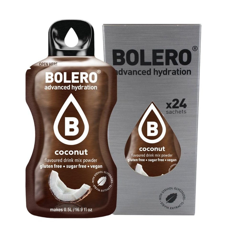 Bolero Drink 24 Sachets 3g Sticks Fruit Prepared Powder Soluble For Fresh Drink in Water Product, 72g Stevia Sweetened (Coconut)