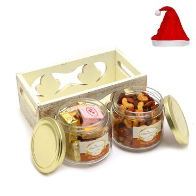 Jaiccha Ghasitaram Christmas Gifts White Wooden Tray of 2 Jars of Assorted Bites and Mix Dryfruits