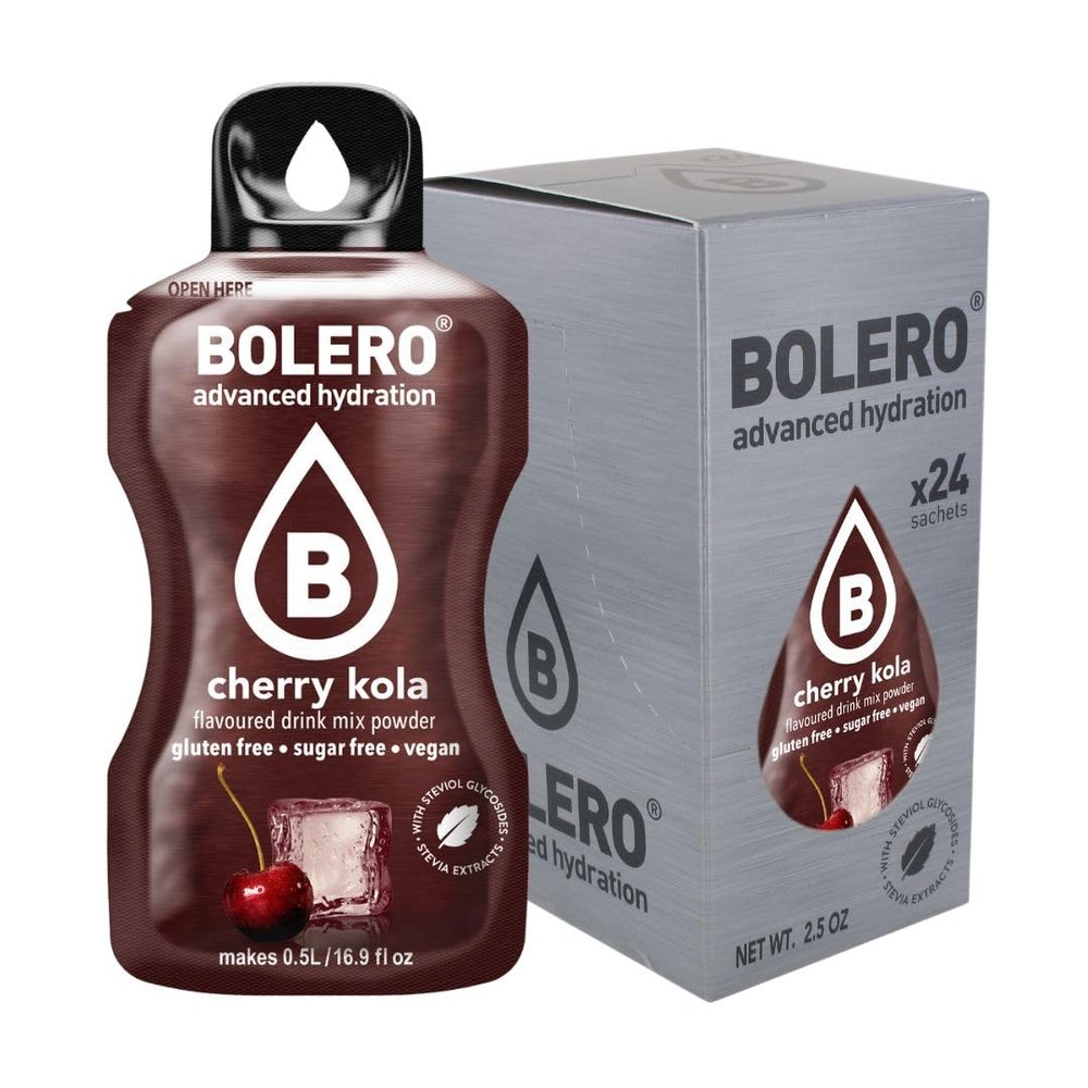 Bolero Drink 24 Sachets 3g Sticks Fruit Prepared Powder Soluble For Fresh Drink in Water Product, 72g Stevia Sweetened (Cherry Kola)