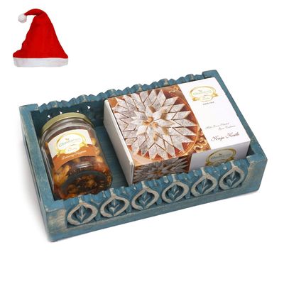 Jaiccha Ghasitaram Christmas Gifts Blue Wooden Tray with Kaju Katlis and Mix Dryfruits Jar