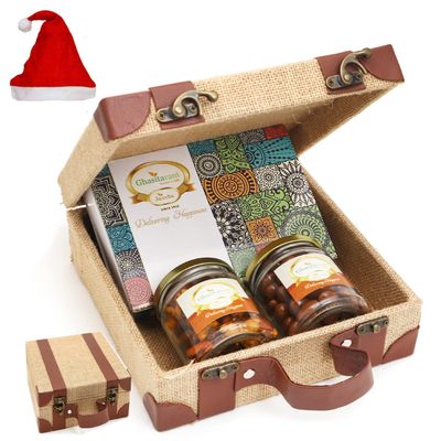 Jaiccha Ghasitaram Christmas Gifts Jute Box of Chocolate Alomnds, Mix Dryfruits and Assorted Bites