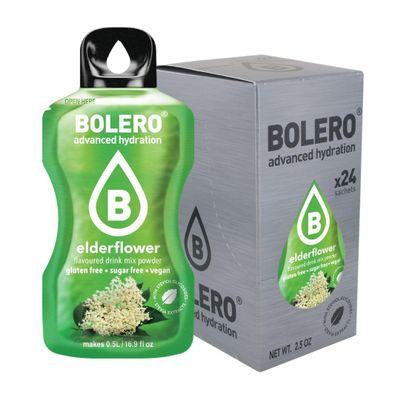 Bolero Drink 24 Sachets 3g Sticks Fruit Prepared Powder Soluble For Fresh Drink in Water Product, 72g Stevia Sweetened (Elderflower)