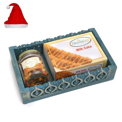 Jaiccha Ghasitaram Christmas Gifts Blue Wooden Tray with Milk Cake and Mix Dryfruits Jar