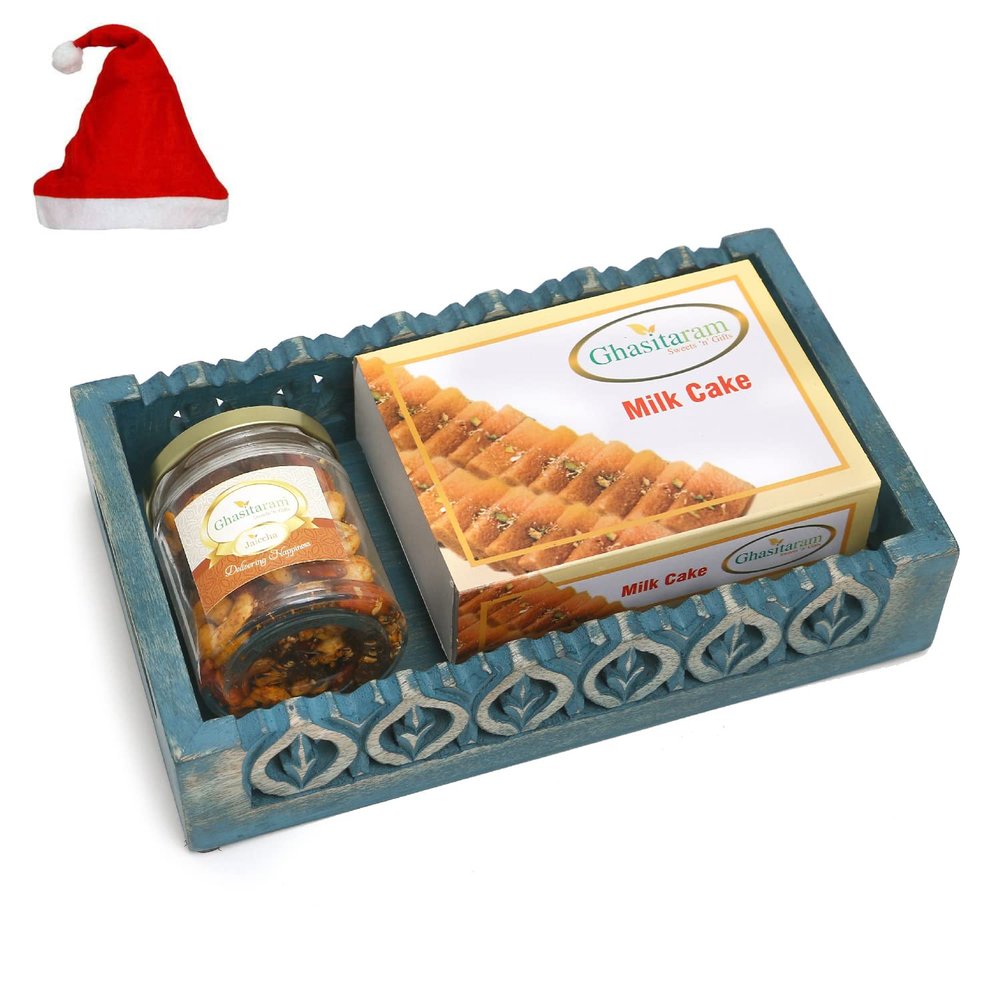 Jaiccha Ghasitaram Christmas Gifts Blue Wooden Tray with Milk Cake and Mix Dryfruits Jar