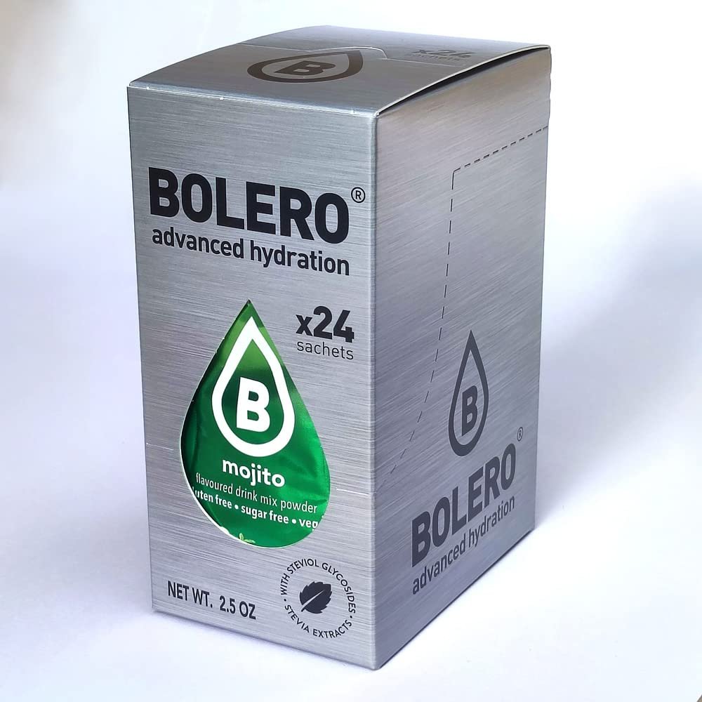 Bolero Drink 24 Sachets 3g Sticks Fruit Prepared Powder Soluble For Fresh Drink in Water Product, 72 grams sweetened stevia (Mojito)