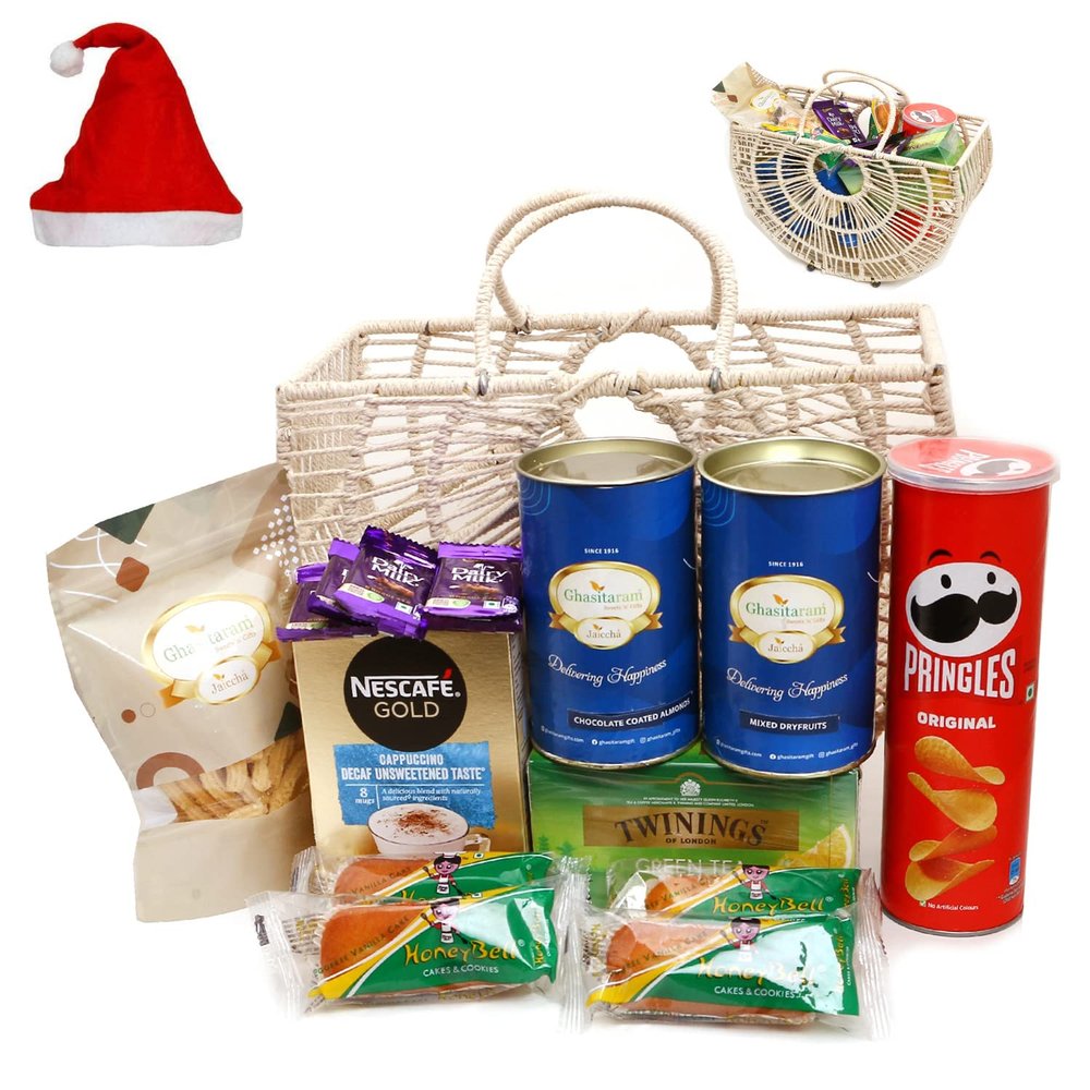 Jaiccha Ghasitaram Christmas Gifts Jute Fancy Basket/Carry Bag/Magazine Holder of 16 Goodies