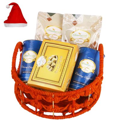 Jaiccha Ghasitaram Christmas Gifts Orange Jute Basket of assortments with Soan Papdi