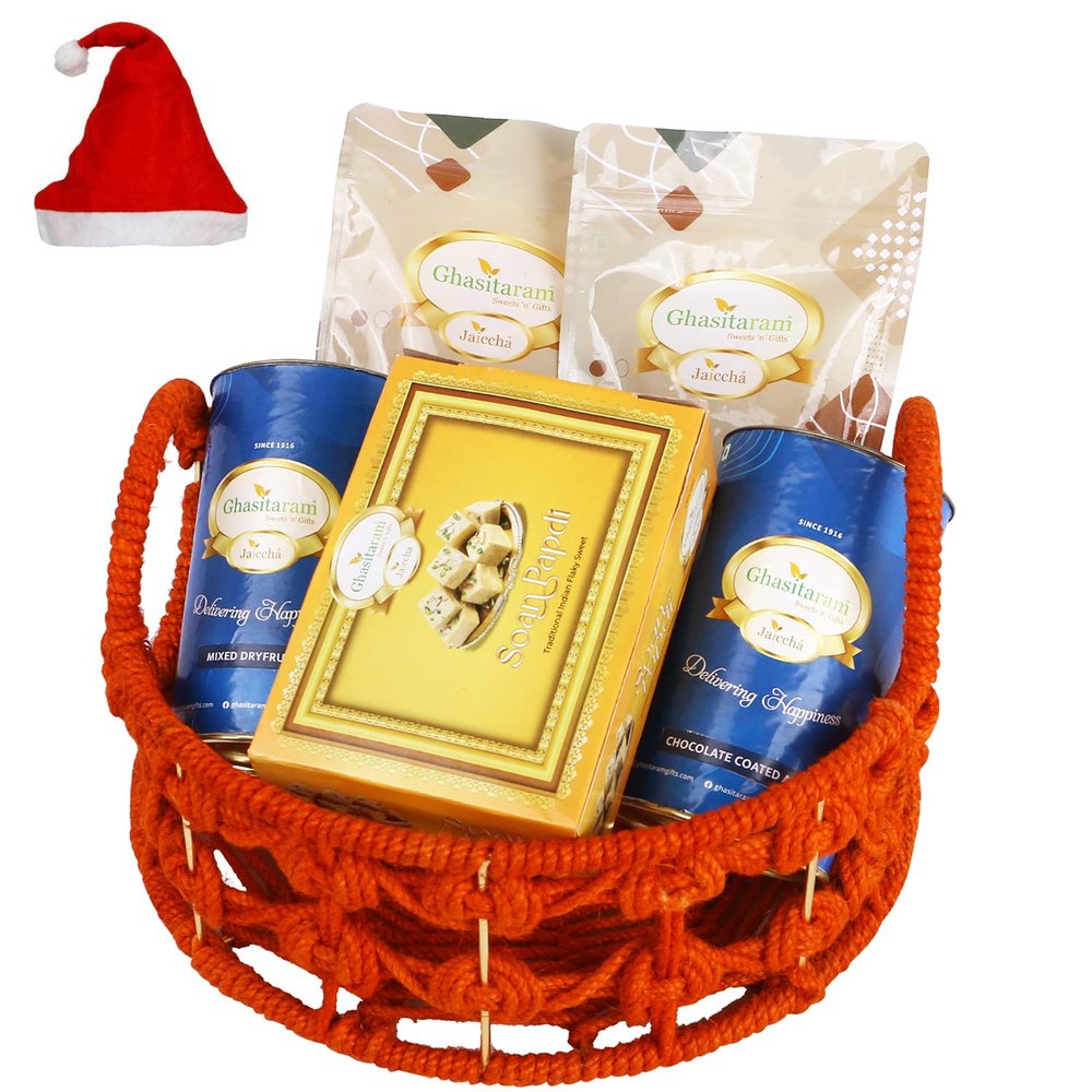 Jaiccha Ghasitaram Christmas Gifts Orange Jute Basket of assortments with Soan Papdi