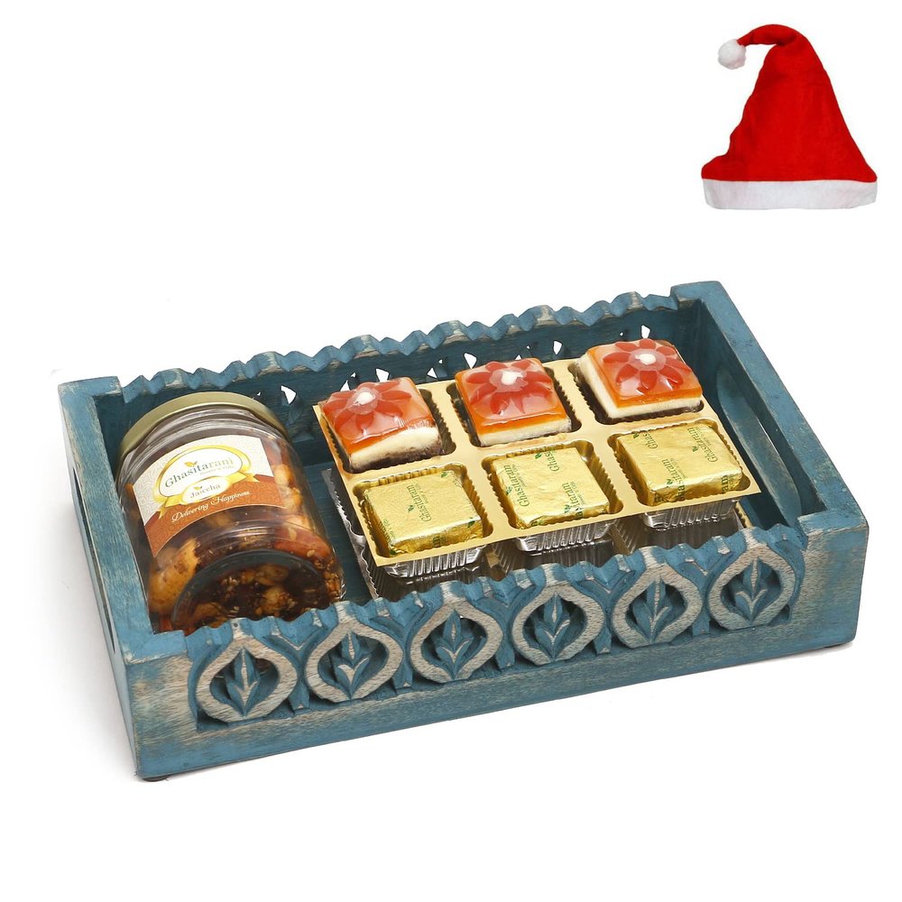 Jaiccha Ghasitaram Christmas Gifts Blue Wooden Tray with Assorted Bites and Mix Dryfruits Jar