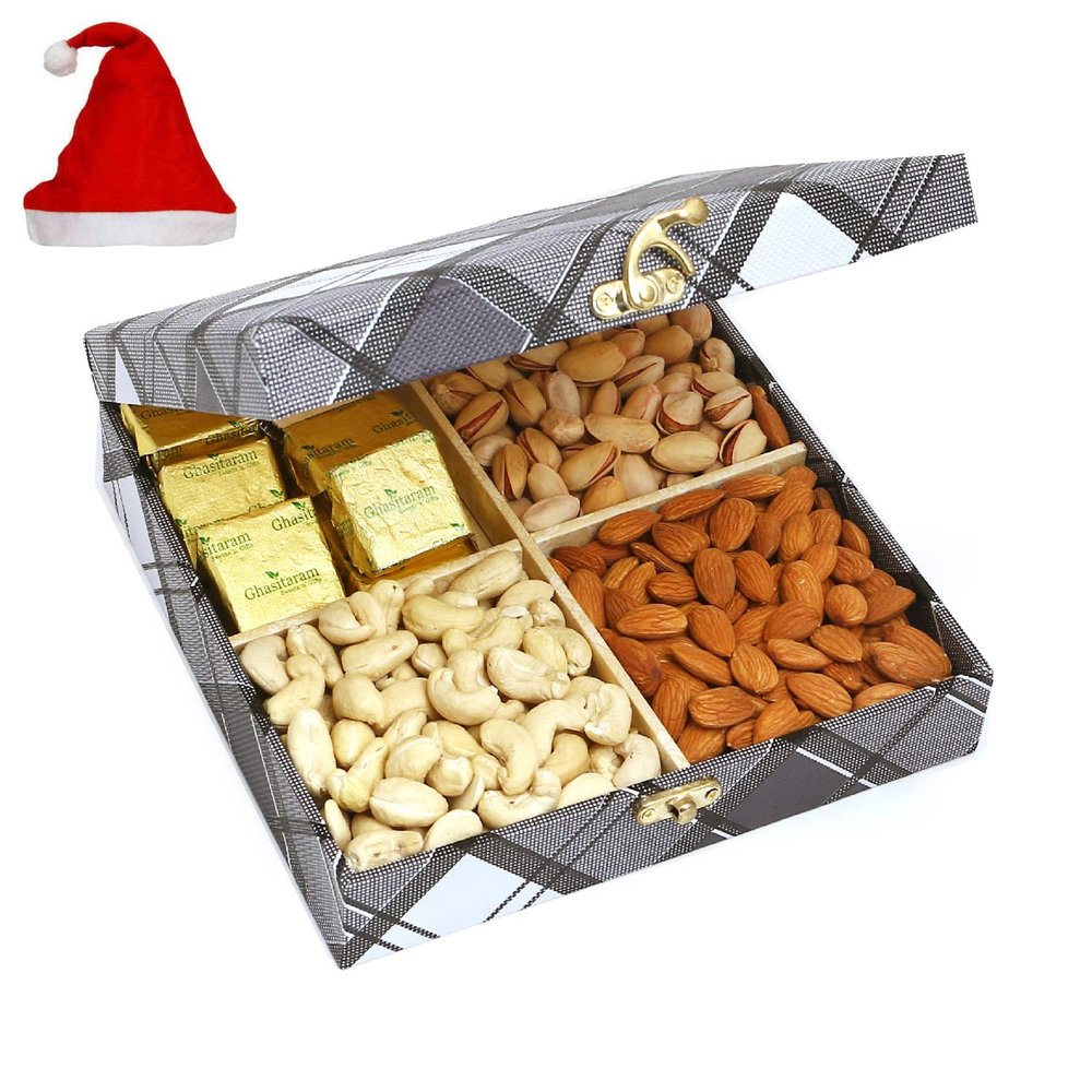 Jaiccha Ghasitaram Christmas Gifts Cross Check Wooden Dryfruits Box with Chocolates